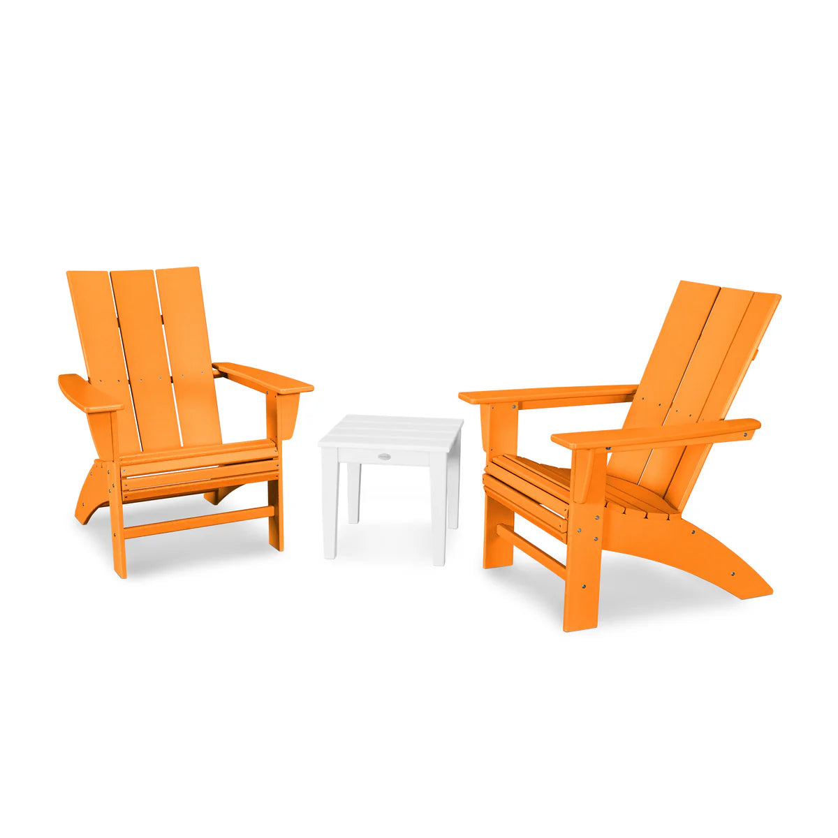Two orange Adirondack chairs with a white table on a white background