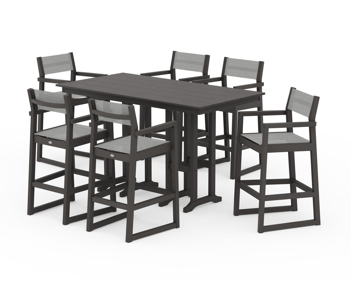 POLYWOOD EDGE Sling Arm Chair 7-Piece Farmhouse Bar Set in Vintage Coffee / Metallic
