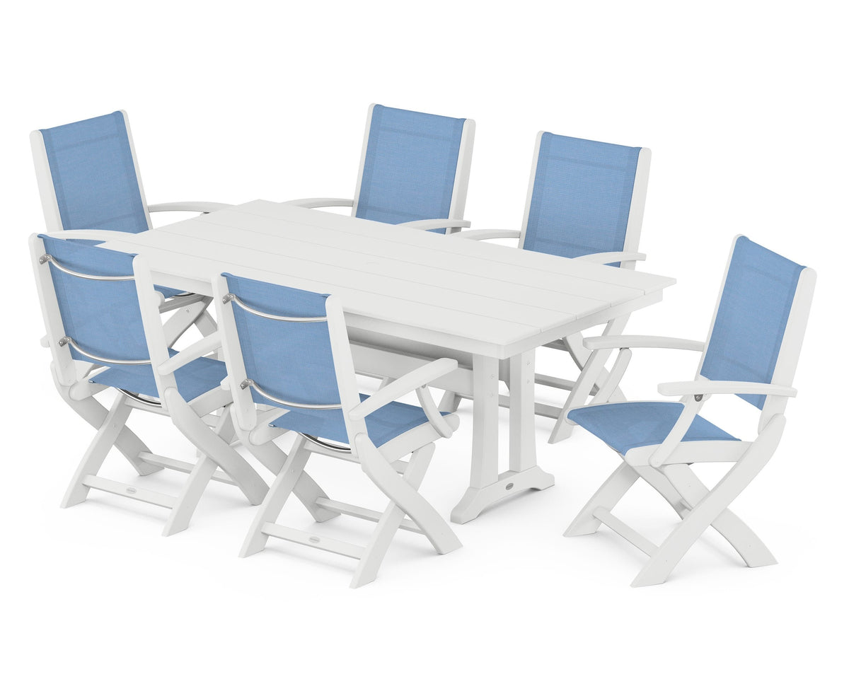 POLYWOOD Coastal Folding Arm Chair 7-Piece Farmhouse Dining Set with Trestle Legs in White / Poolside