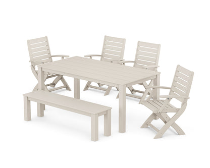 POLYWOOD Signature Folding Chair 6-Piece Parsons Dining Set with Bench in Sand