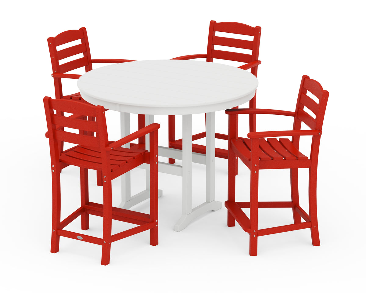 POLYWOOD La Casa Café 5-Piece Round Farmhouse Counter Set in Sunset Red / White