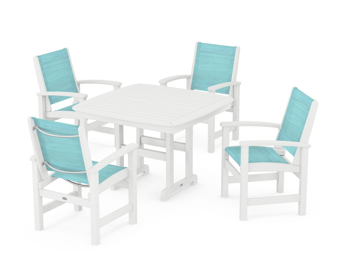 POLYWOOD Coastal 5-Piece Dining Set with Nautical 44" Dining Table in White / Dupioni Aquamarine
