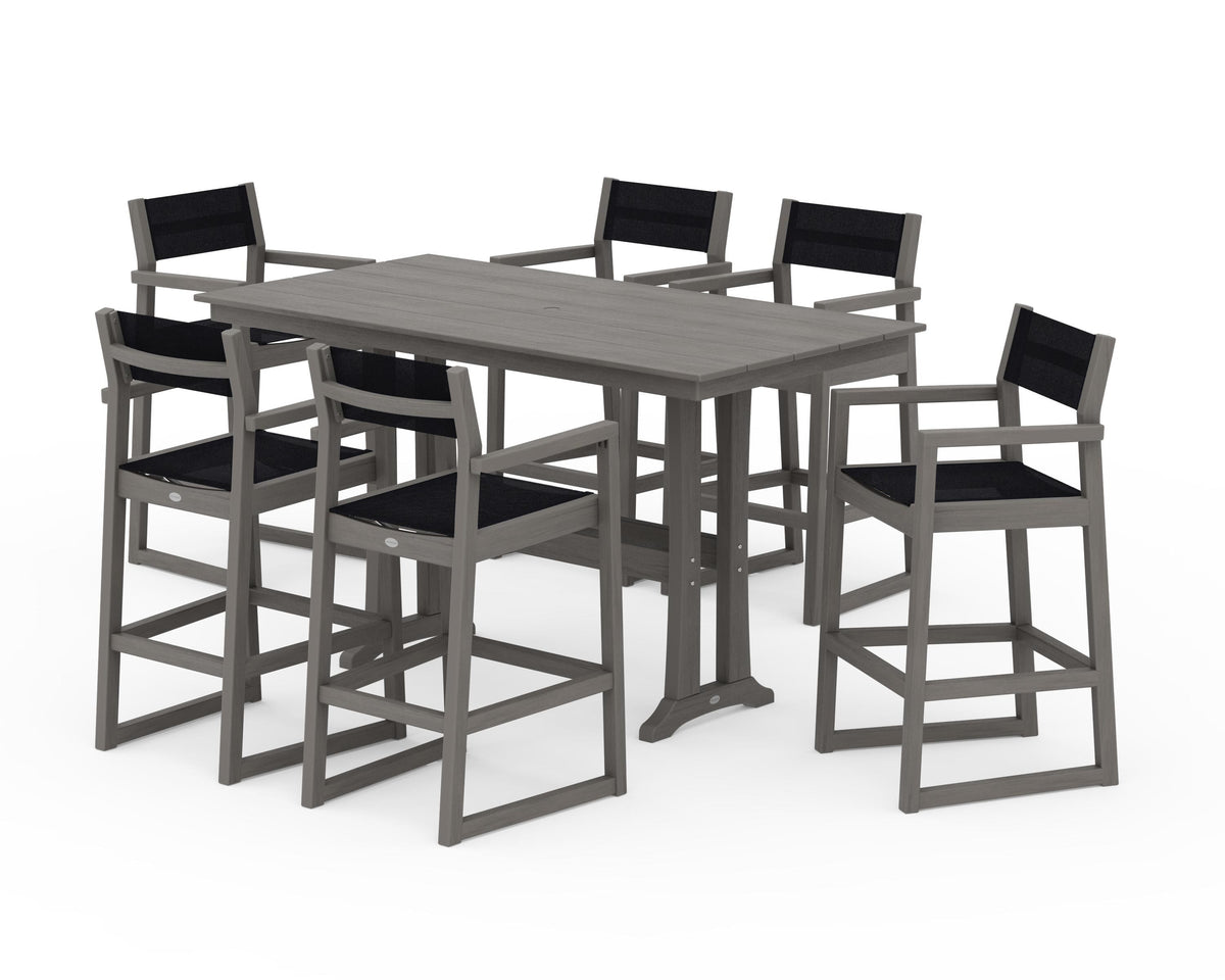 POLYWOOD EDGE Sling Arm Chair 7-Piece Farmhouse Bar Set with Trestle Legs in Driftwood / Black