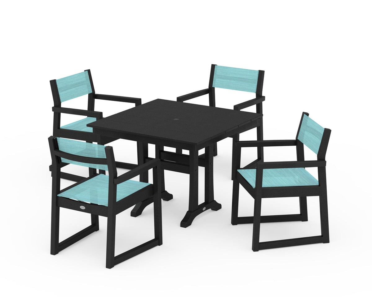 POLYWOOD EDGE Sling 5-Piece Farmhouse Dining Set with Trestle Legs in Black / Dupioni Aquamarine