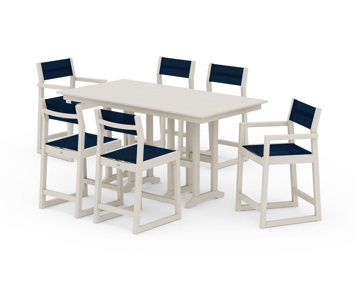 POLYWOOD EDGE Sling 7-Piece Farmhouse Counter Set with Trestle Legs in Sand / Navy Blue