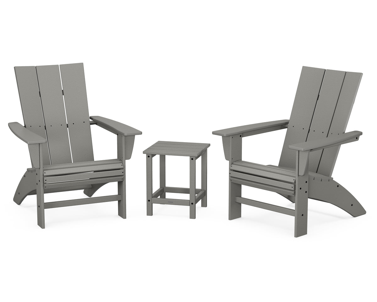 POLYWOOD Modern 3-Piece Curveback Adirondack Set With Long Island 18" Side Table in Slate Grey