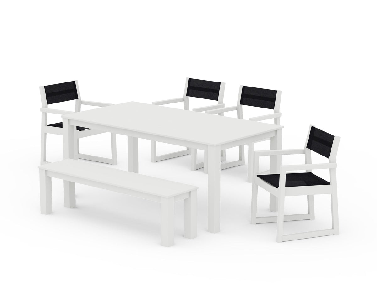 POLYWOOD EDGE Sling Arm Chair 6-Piece Parsons Dining Set with Bench in Vintage White / Black