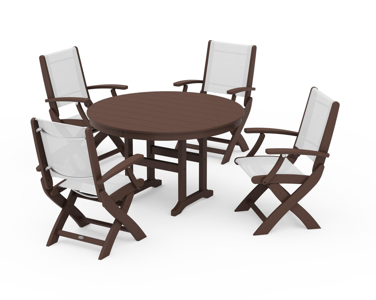 POLYWOOD Coastal Folding Chair 5-Piece Round Dining Set in Mahogany / White