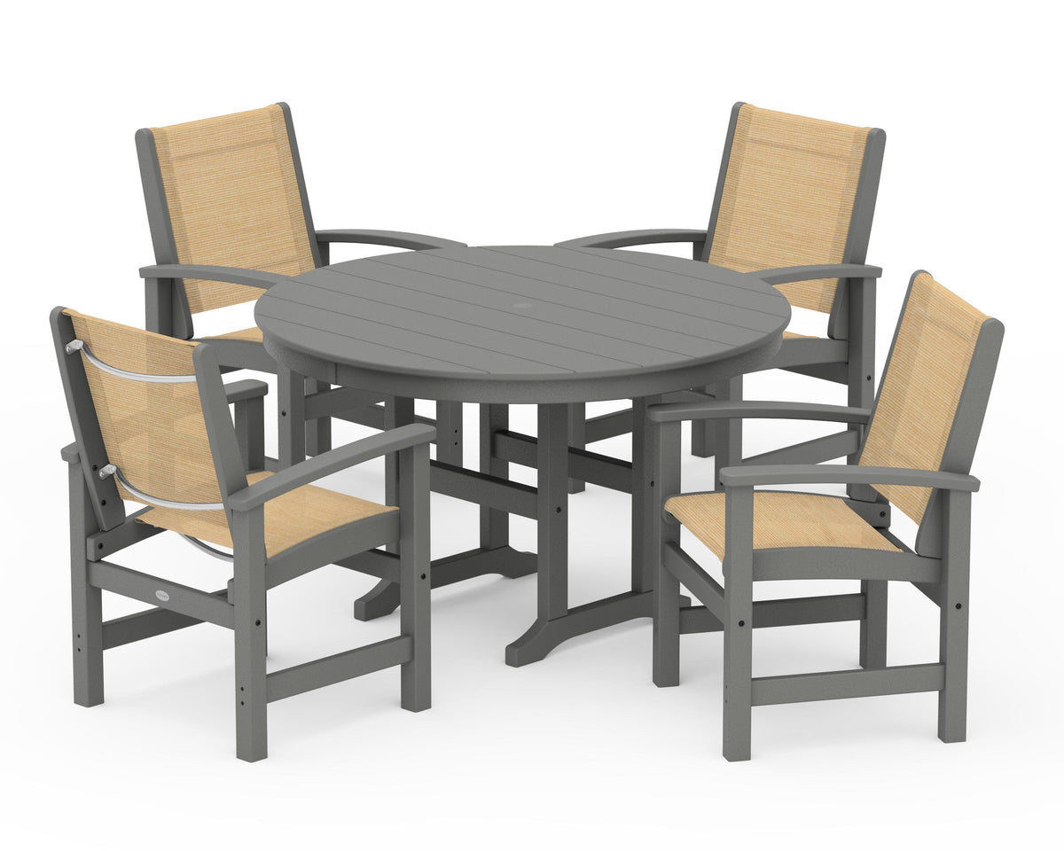 POLYWOOD Coastal 5-Piece Round Farmhouse Dining Set in Slate Grey / Dupioni Apricot