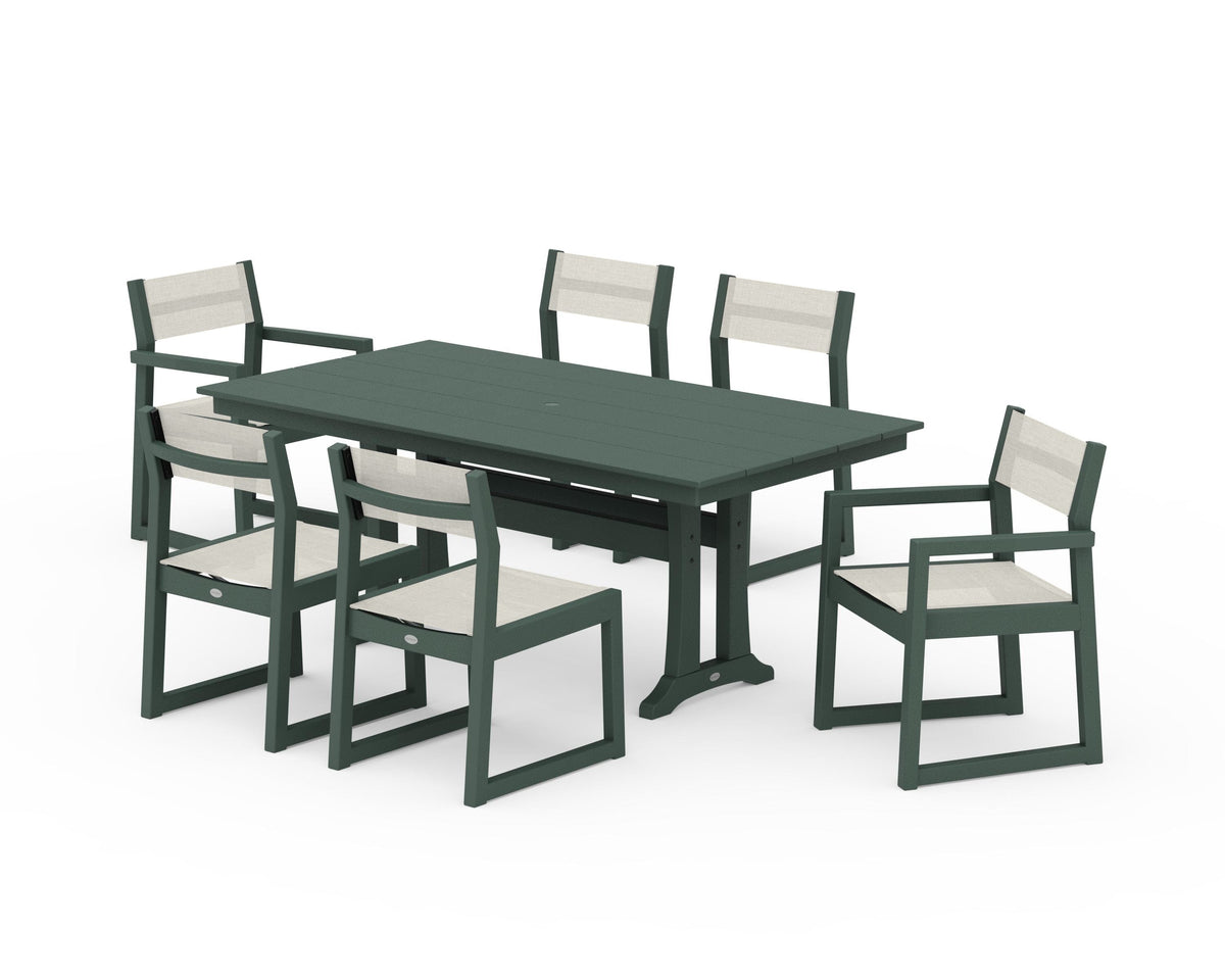 POLYWOOD EDGE Sling 7-Piece Farmhouse Trestle Dining Set in Green / Parchment