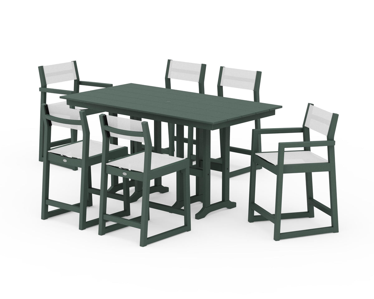 POLYWOOD EDGE Sling 7-Piece Farmhouse Counter Set with Trestle Legs in Green / White