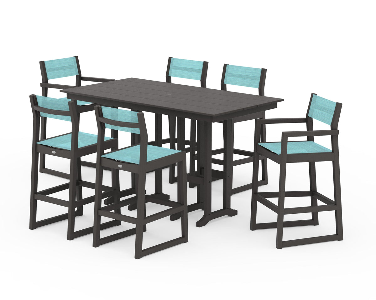 POLYWOOD EDGE Sling 7-Piece Farmhouse Bar Set in Vintage Coffee / Dupioni Aquamarine