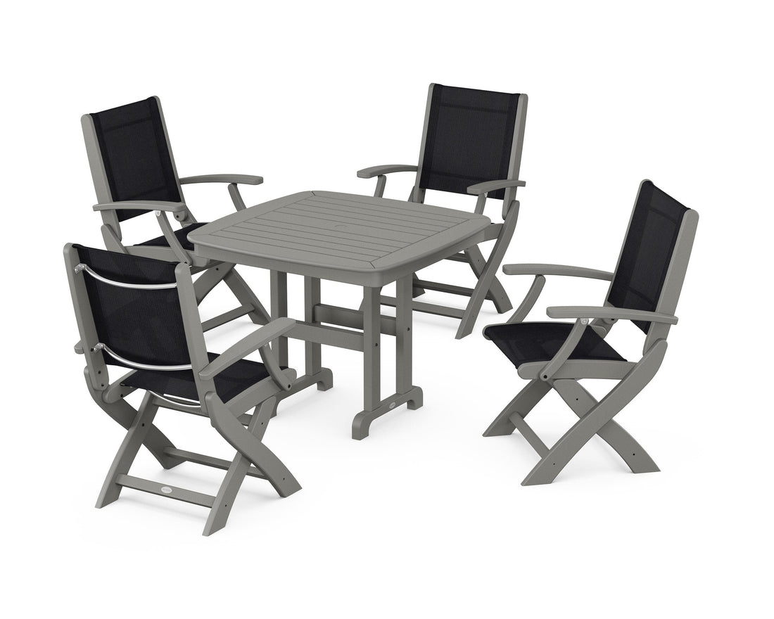 POLYWOOD Coastal Folding Chair 5-Piece Dining Set with Nautical 37" Dining Table in Slate Grey / Black