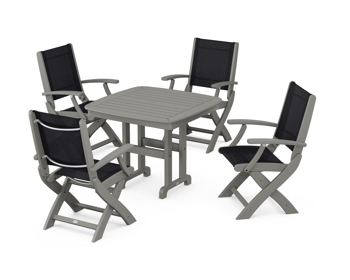 POLYWOOD Coastal Folding Chair 5-Piece Dining Set with Nautical 37" Dining Table in Slate Grey / Black