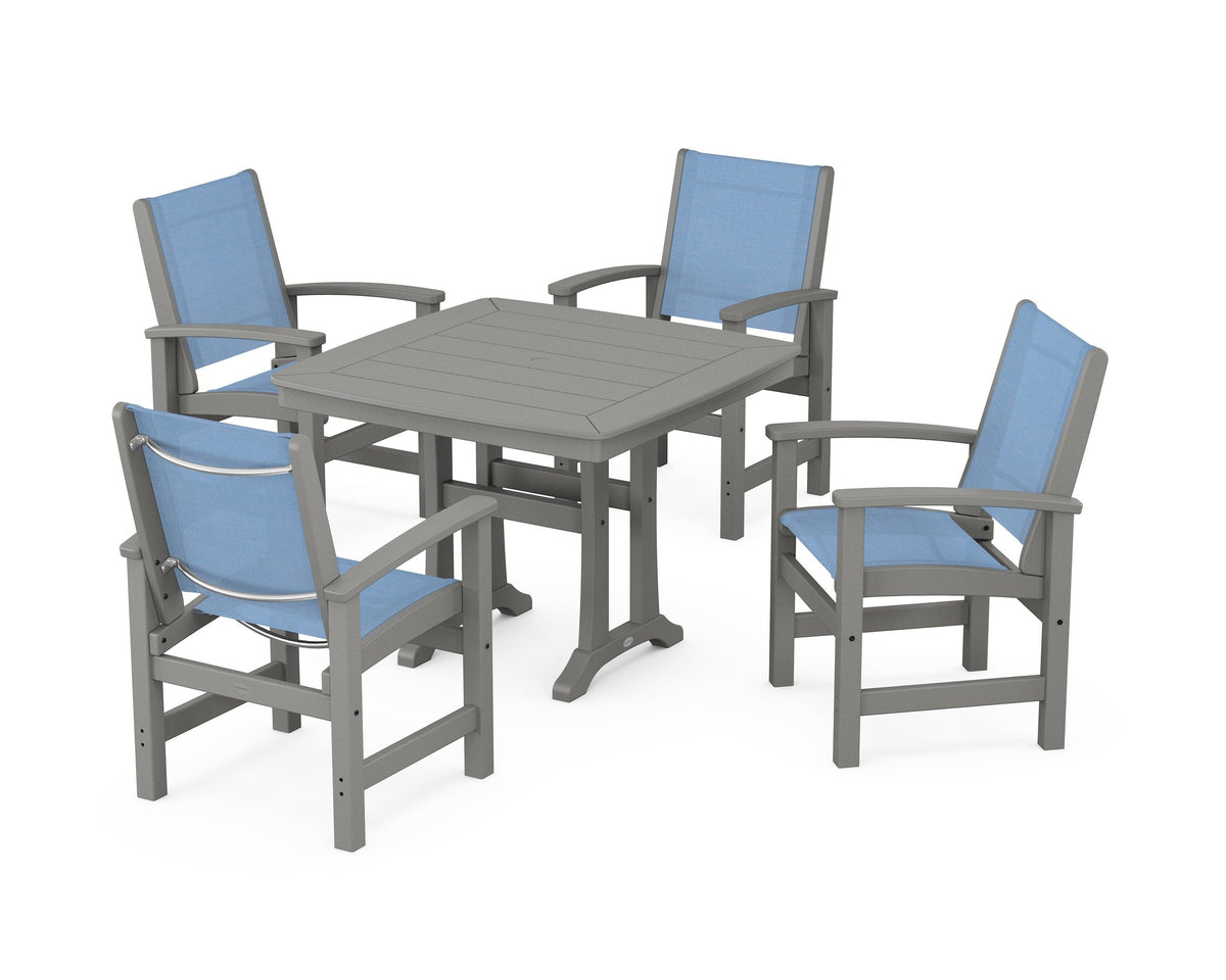 POLYWOOD Coastal 5-Piece Dining Set with Trestle Legs with Nautical Trestle 37" Dining Table in Slate Grey / Poolside