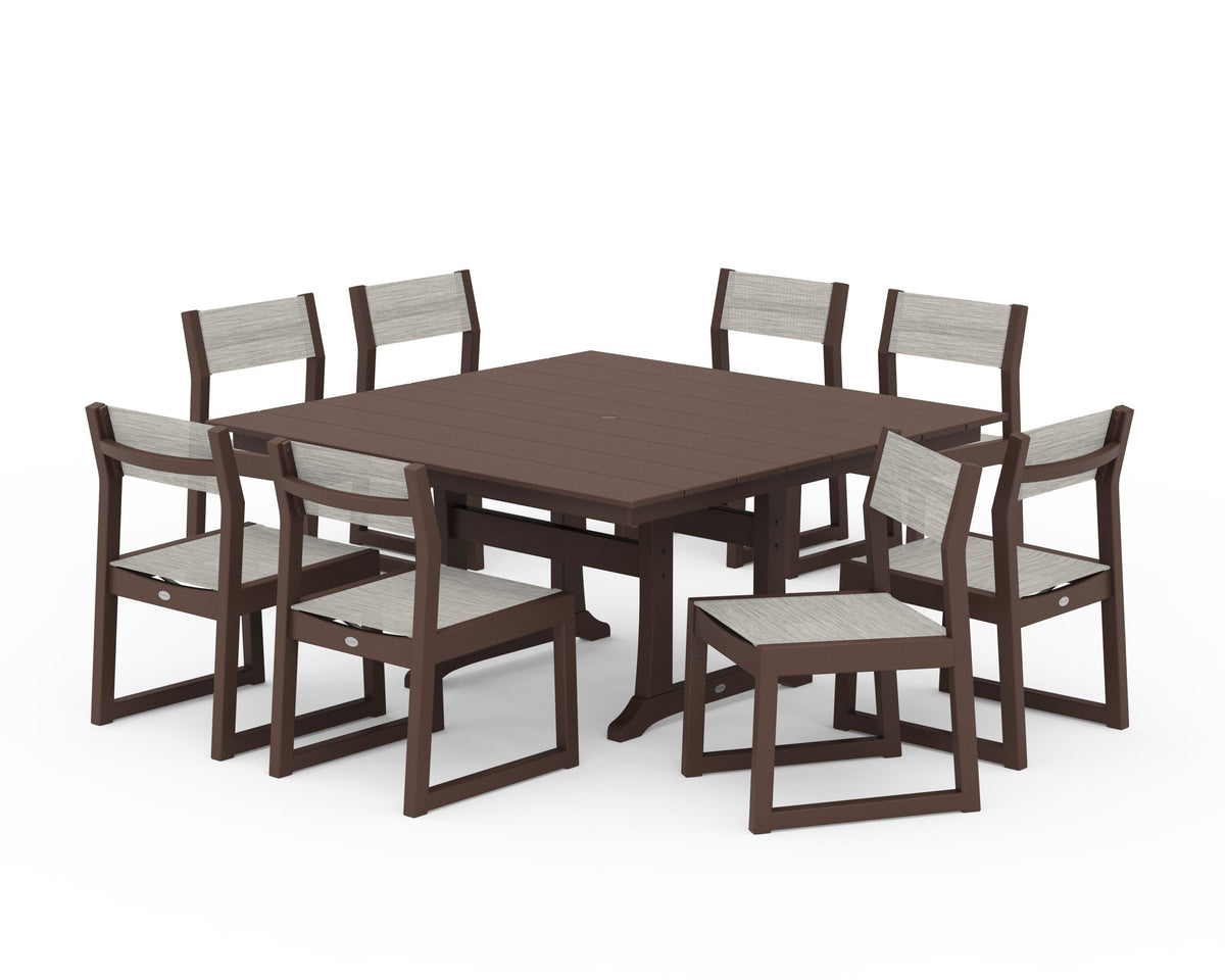 POLYWOOD EDGE Sling Side Chair 9-Piece Farmhouse Trestle Dining Set in Mahogany / Birch