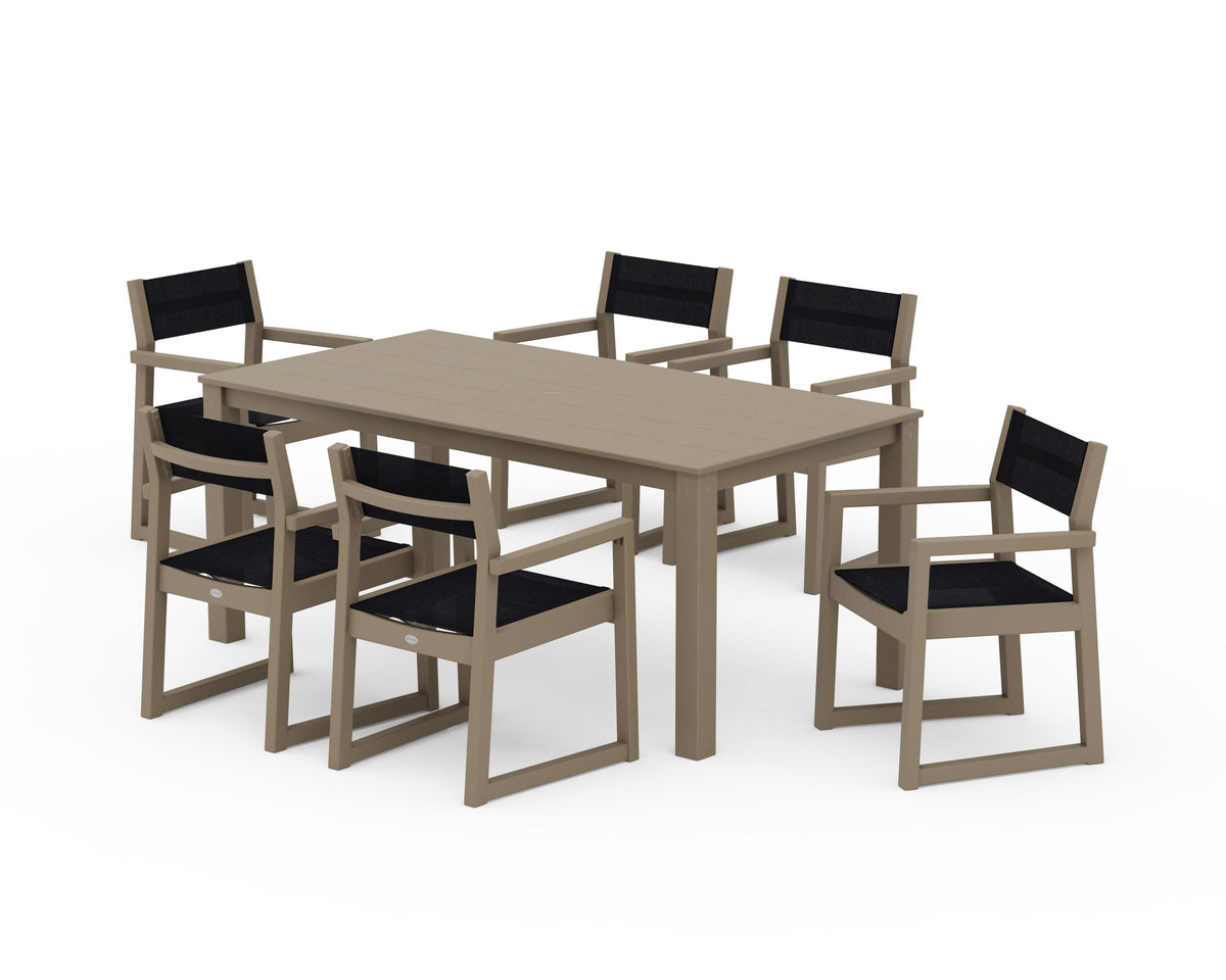 POLYWOOD EDGE Sling Arm Chair 7-Piece Parsons Dining Set in Vintage Sahara / Black