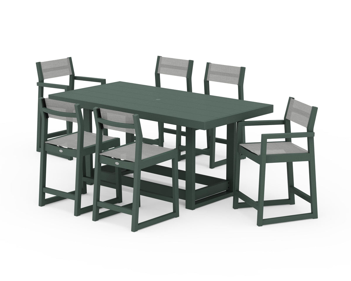 POLYWOOD EDGE Sling 7-Piece Counter Table Set in Green / Metallic