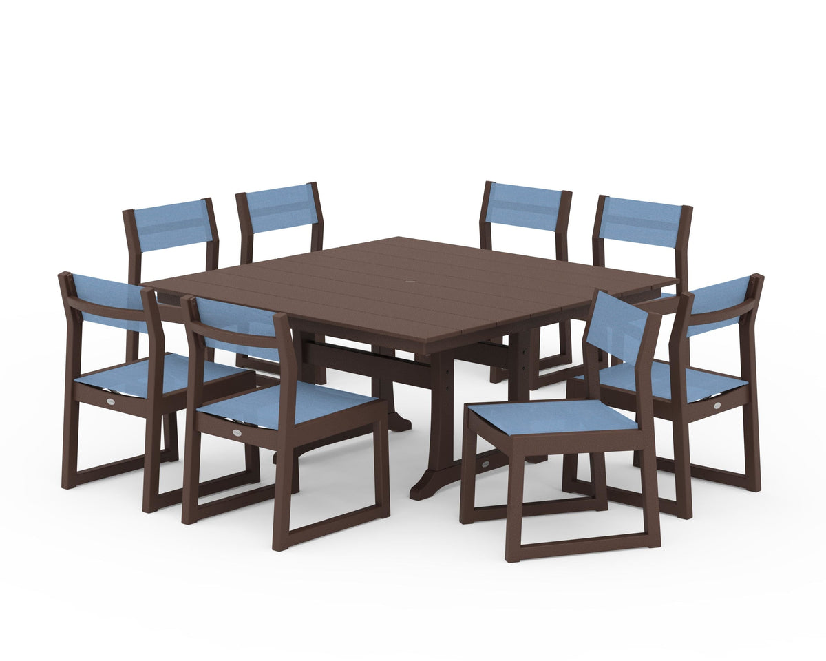 POLYWOOD EDGE Sling Side Chair 9-Piece Farmhouse Trestle Dining Set in Mahogany / Poolside