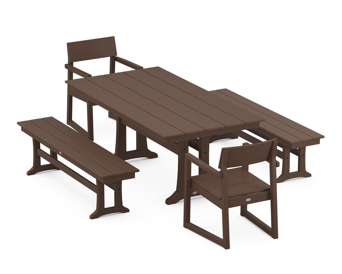 POLYWOOD EDGE 5-Piece Farmhouse Dining Set with Trestle Legs (Farmhouse Trestle 37" x 72" Table) in Mahogany