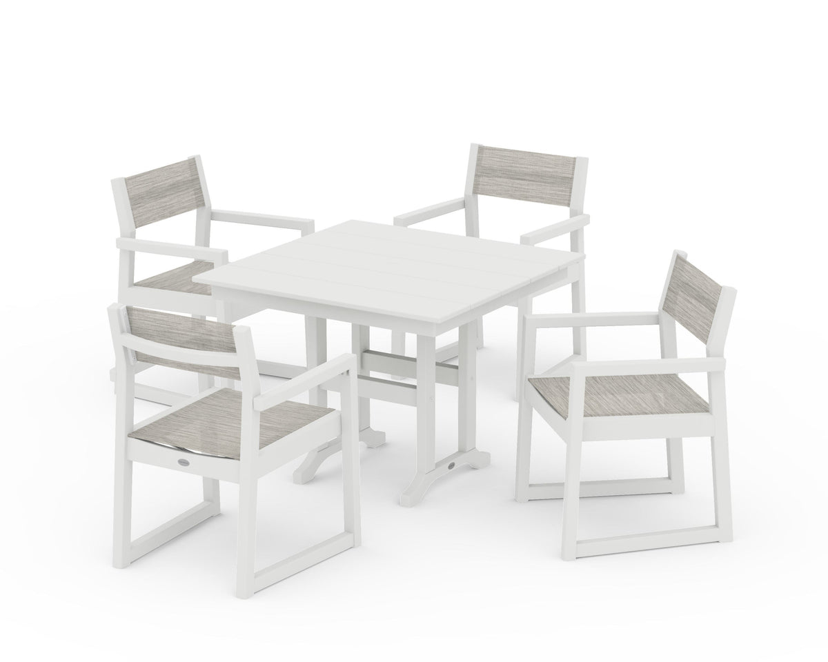 POLYWOOD EDGE Sling Arm Chair 5-Piece Farmhouse Dining Set in Vintage White / Birch