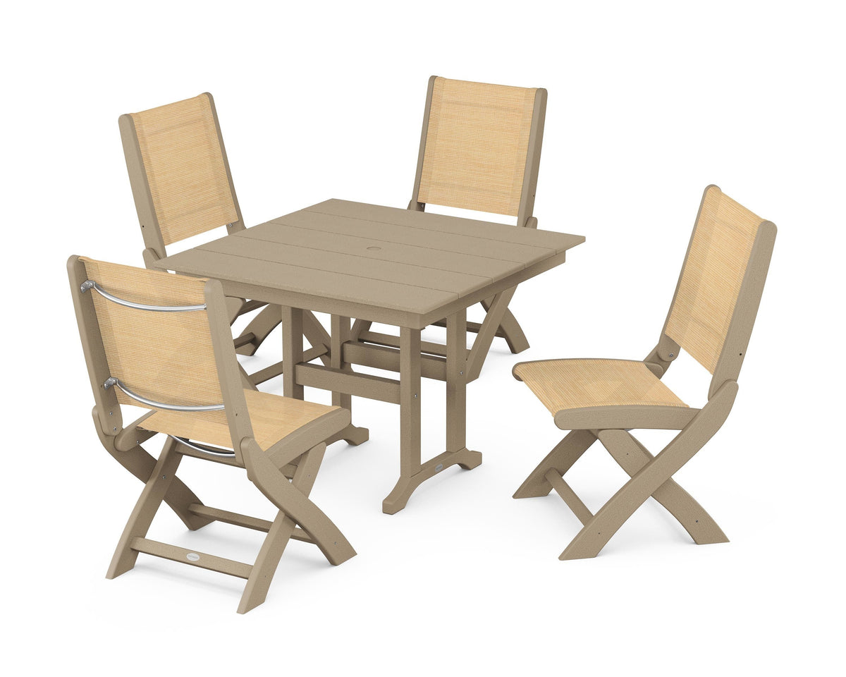 POLYWOOD Coastal Folding Side Chair 5-Piece Farmhouse Dining Set in Vintage Sahara / Dupioni Apricot