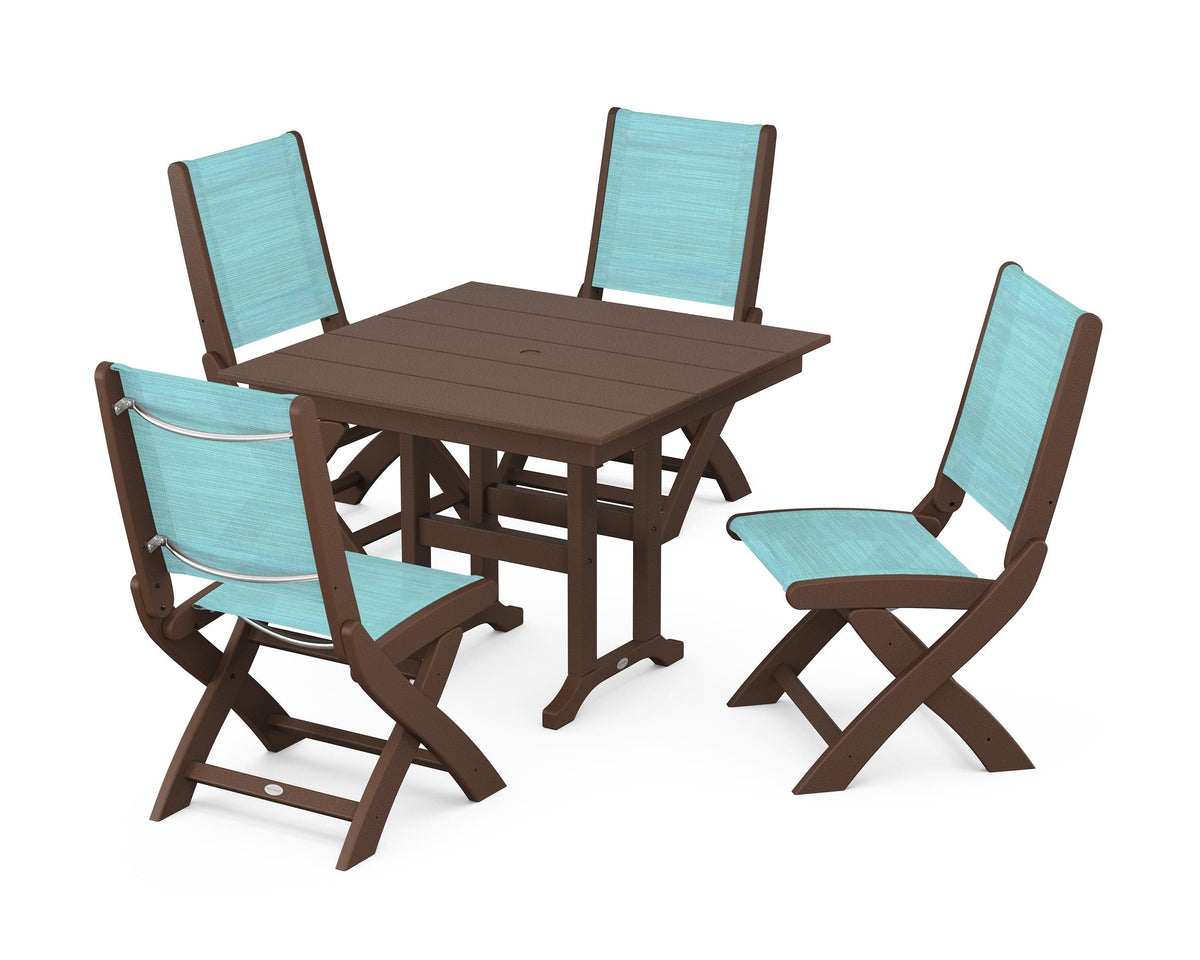 POLYWOOD Coastal Folding Side Chair 5-Piece Farmhouse Dining Set in Mahogany / Dupioni Aquamarine