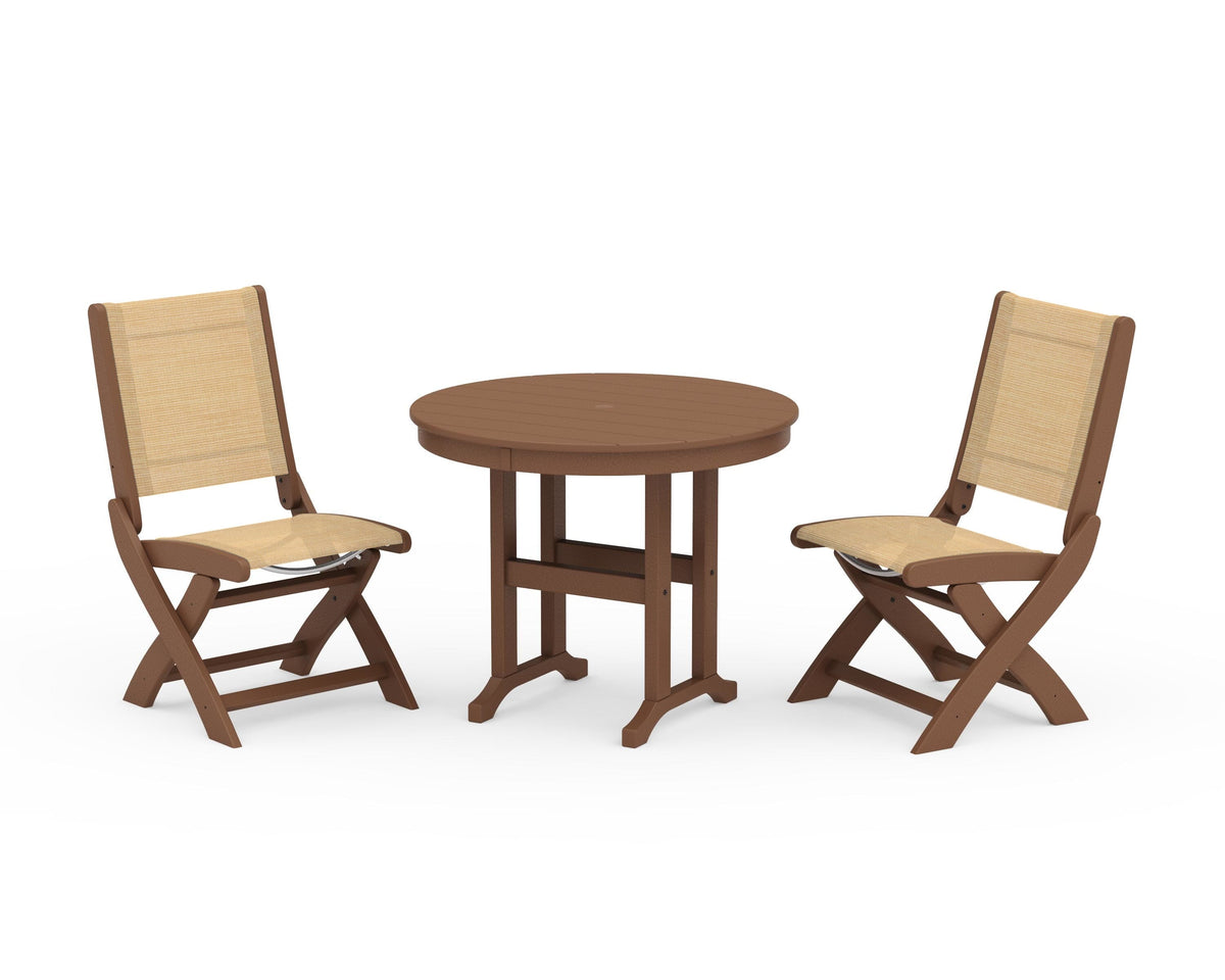 POLYWOOD Coastal Folding Side Chair 3-Piece Round Dining Set in Teak / Dupioni Apricot