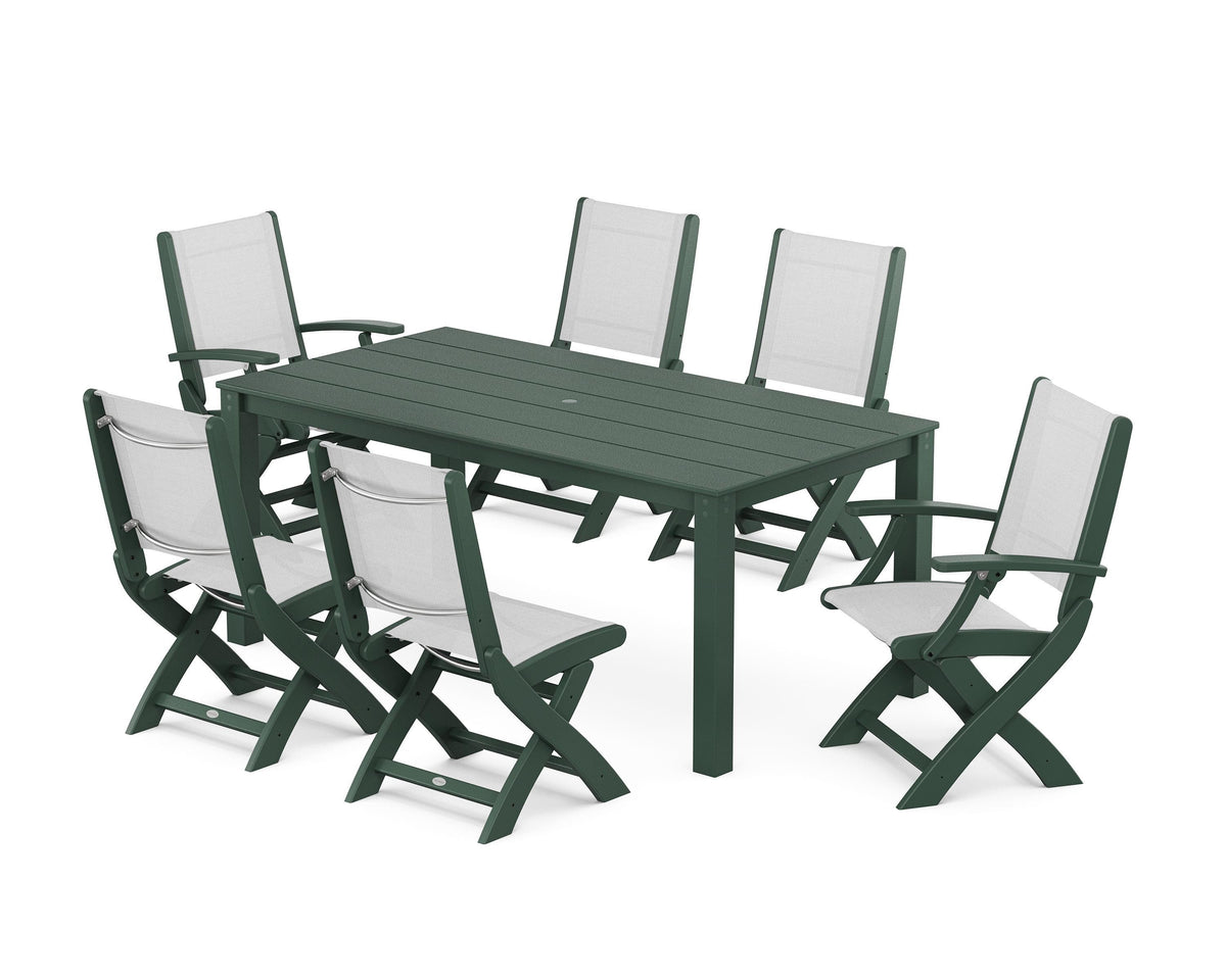 POLYWOOD Coastal Folding Chair 7-Piece Parsons Dining Set with Coastal Folding Side Chair in Green / White