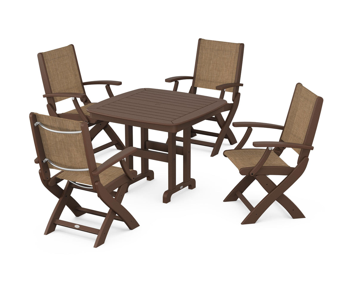 POLYWOOD Coastal Folding Chair 5-Piece Dining Set with Nautical 37" Dining Table in Mahogany / Burlap