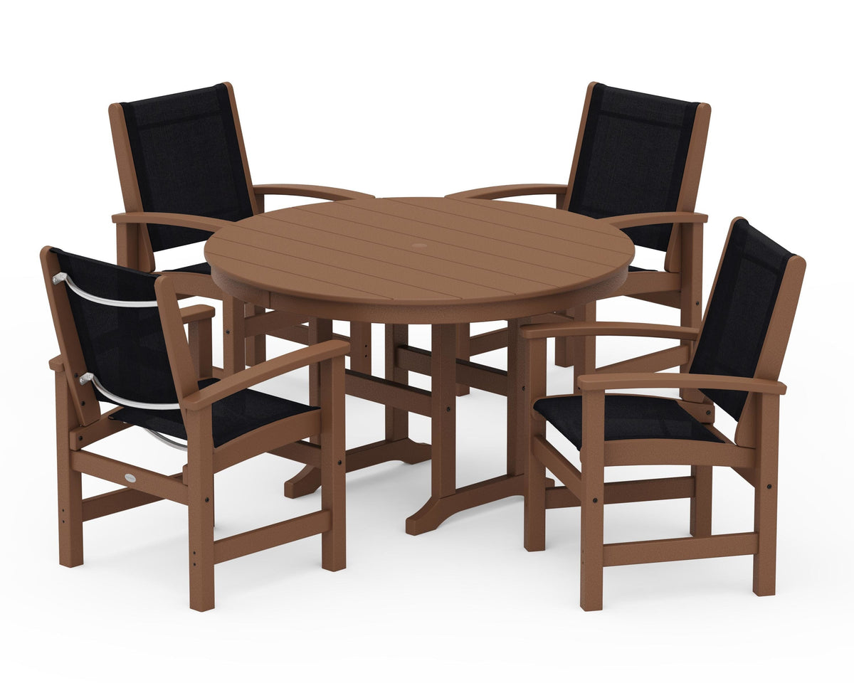 POLYWOOD Coastal 5-Piece Round Farmhouse Dining Set in Teak / Black