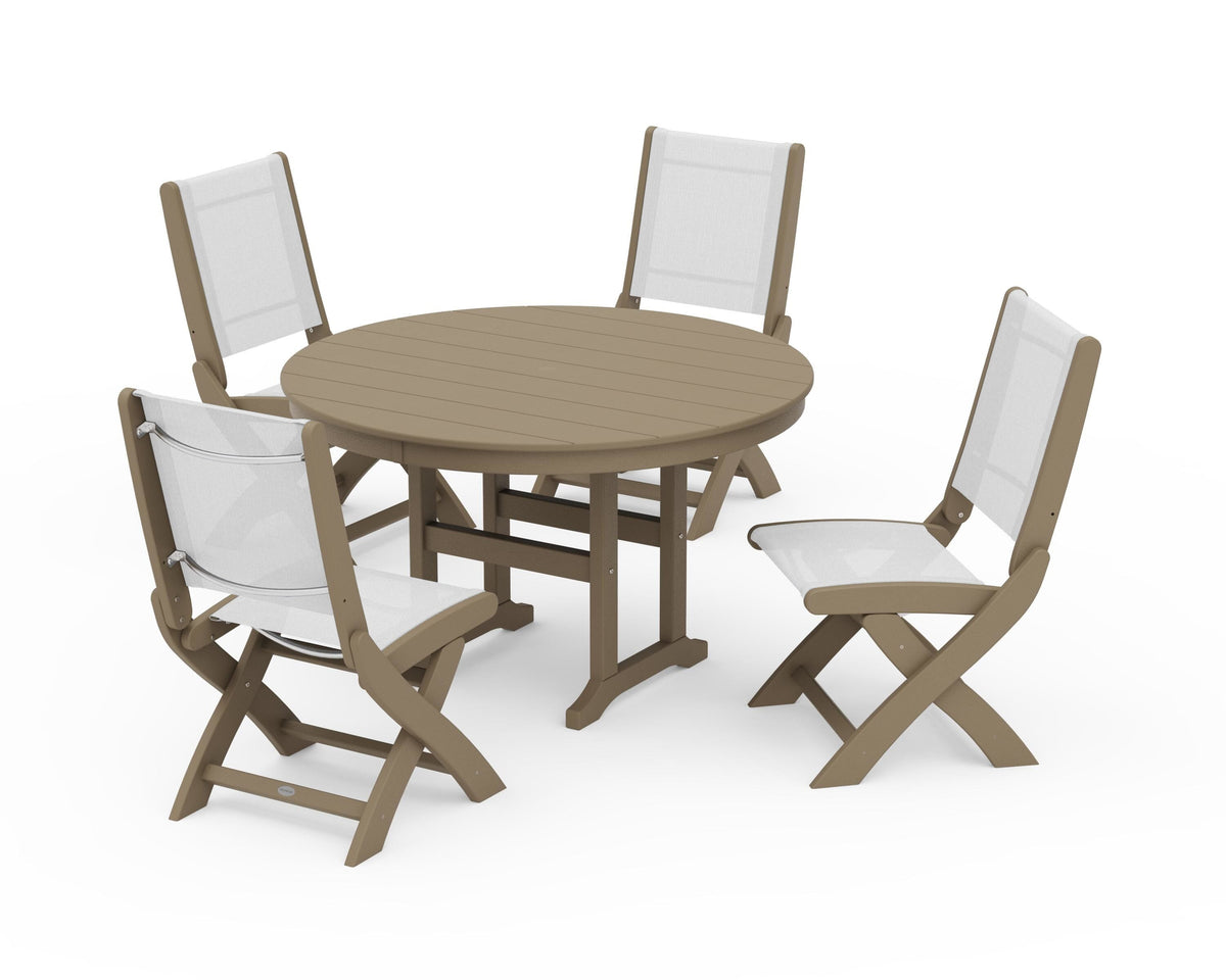 POLYWOOD Coastal Folding Side Chair 5-Piece Round Dining Set in Vintage Sahara / White