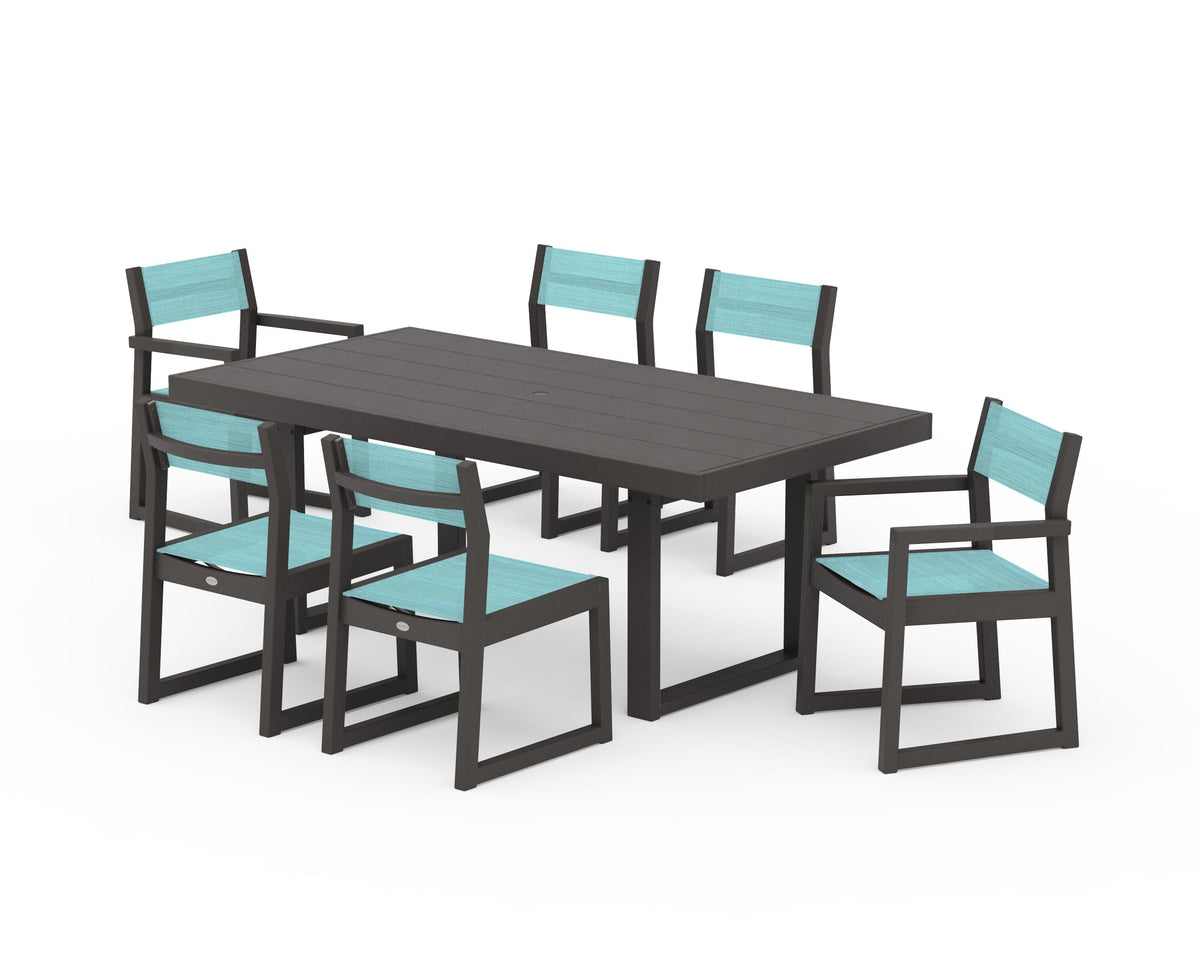 POLYWOOD EDGE Sling 7-Piece Dining Set in Vintage Coffee / Dupioni Aquamarine