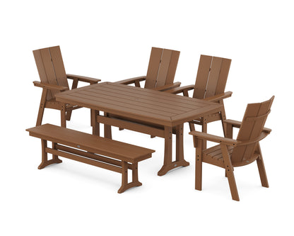 POLYWOOD Modern Curveback Adirondack 6-Piece Farmhouse Dining Set with Trestle Legs and Bench - 38" x 73" Table in Teak