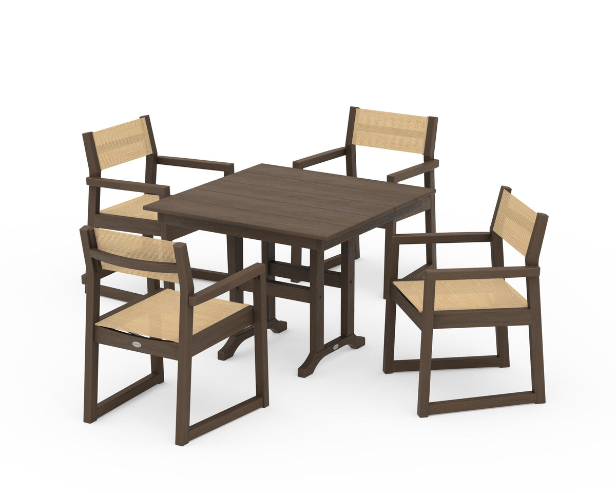 POLYWOOD EDGE Sling Arm Chair 5-Piece Farmhouse Dining Set in Kona / Dupioni Apricot