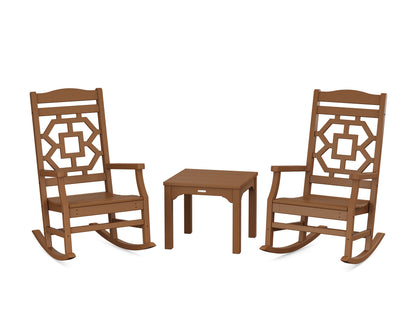 POLYWOOD Chinoiserie 3-Piece Rocking Chair Set in Teak