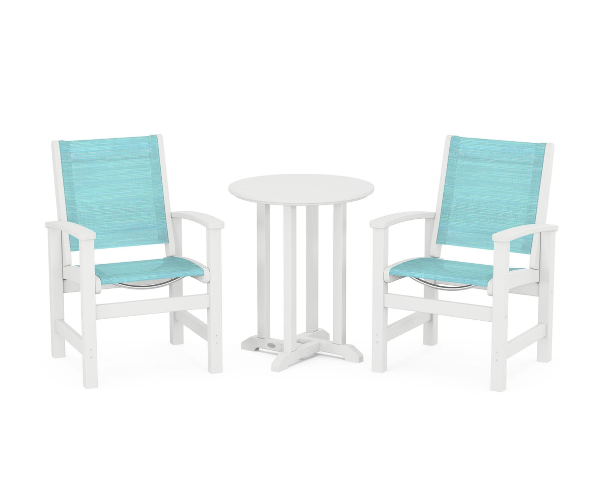 POLYWOOD Coastal 3-Piece Round Bistro Dining Set in White / Dupioni Aquamarine
