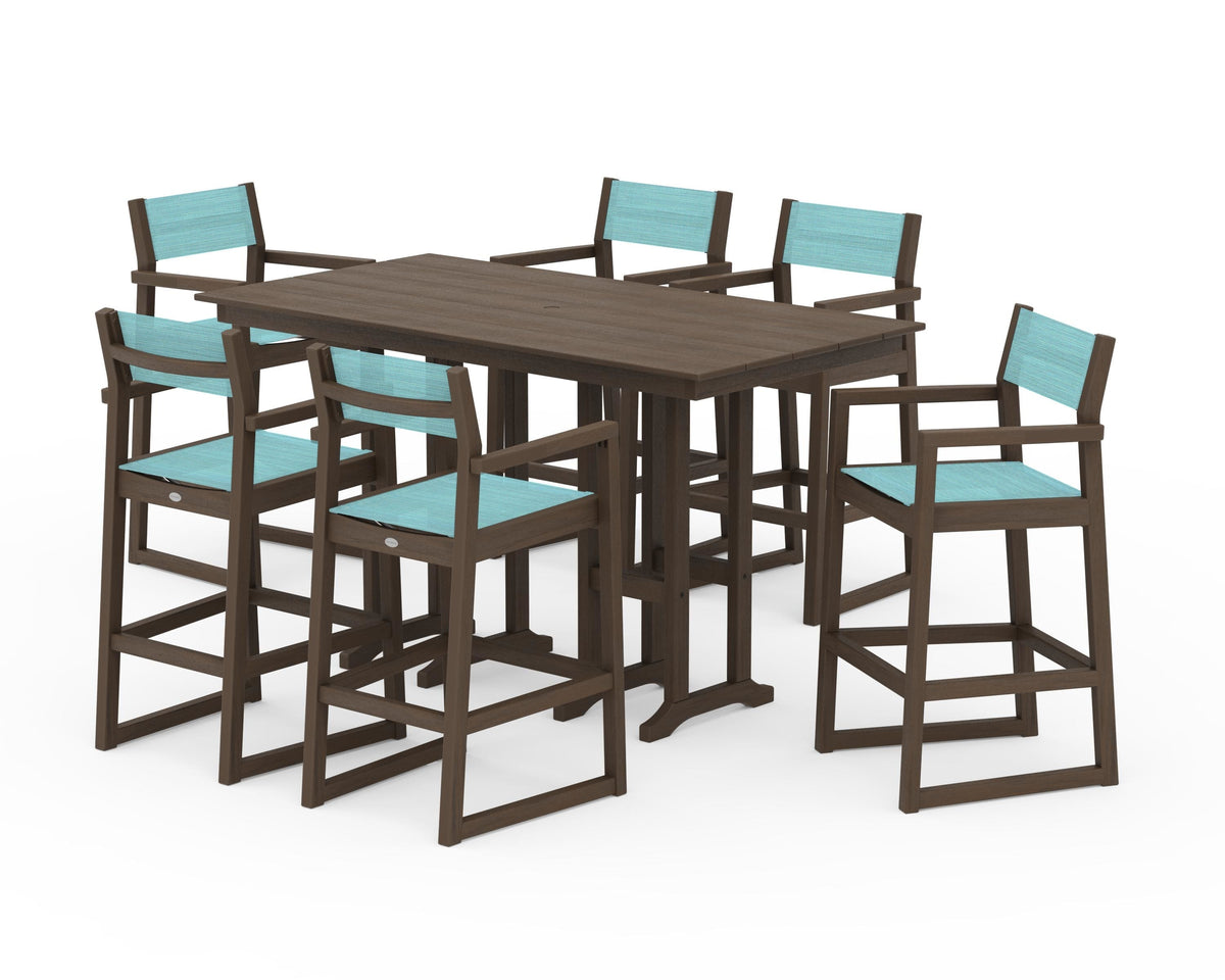 POLYWOOD EDGE Sling Arm Chair 7-Piece Farmhouse Bar Set in Kona / Dupioni Aquamarine