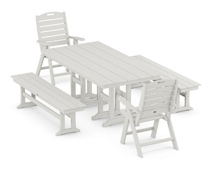 POLYWOOD Nautical Highback 5-Piece Farmhouse Dining Set with Benches in Vintage White