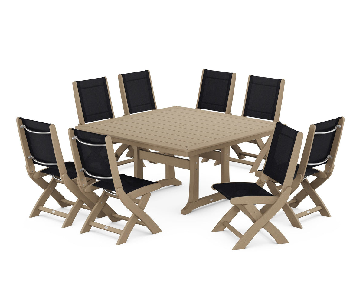 POLYWOOD Coastal Folding Side Chair 9-Piece Dining Set with Trestle Legs in Vintage Sahara / Black