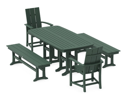 POLYWOOD Modern Adirondack 5-Piece Nautical Dining Set with Benches in Green