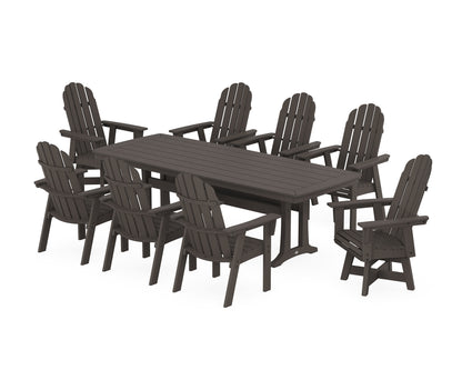 POLYWOOD Vineyard Curveback Adirondack Swivel 9-Piece Dining Set with Trestle Legs in Vintage Coffee