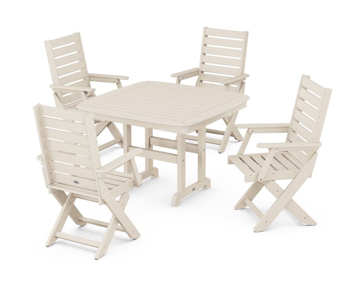 POLYWOOD Captain Folding Chair 5-Piece Dining Set with Trestle Legs - 44" Table in Sand