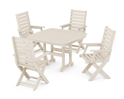 POLYWOOD Captain Folding Chair 5-Piece Dining Set with Trestle Legs - 44" Table in Sand