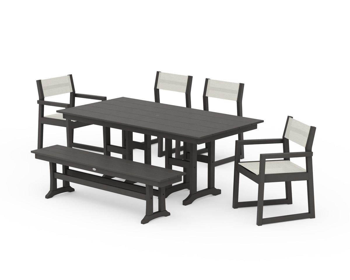 POLYWOOD EDGE Sling 6-Piece Farmhouse Dining Set in Vintage Coffee / Parchment