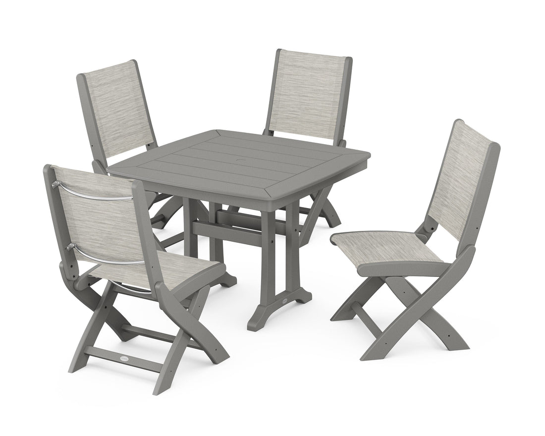 POLYWOOD Coastal Folding Side Chair 5-Piece Dining Set with Trestle Legs in Slate Grey / Birch