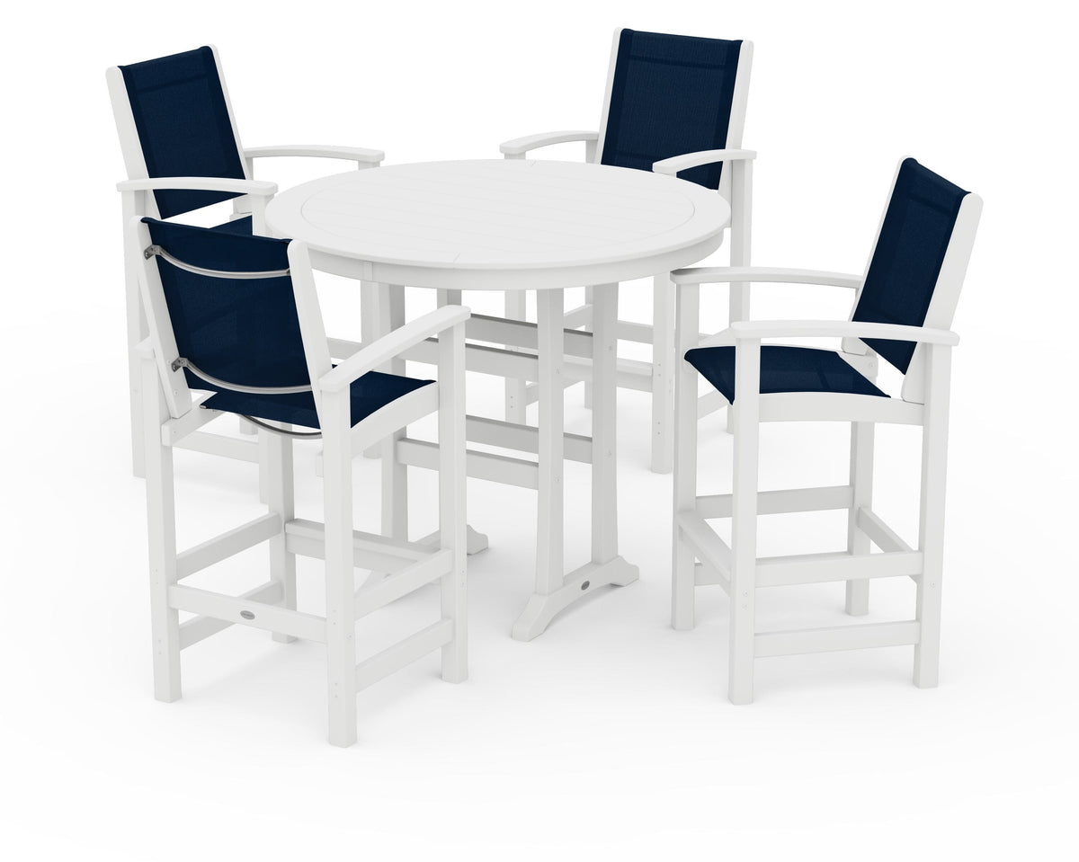POLYWOOD Coastal 5-Piece Nautical Trestle Bar Set in White / Navy Blue