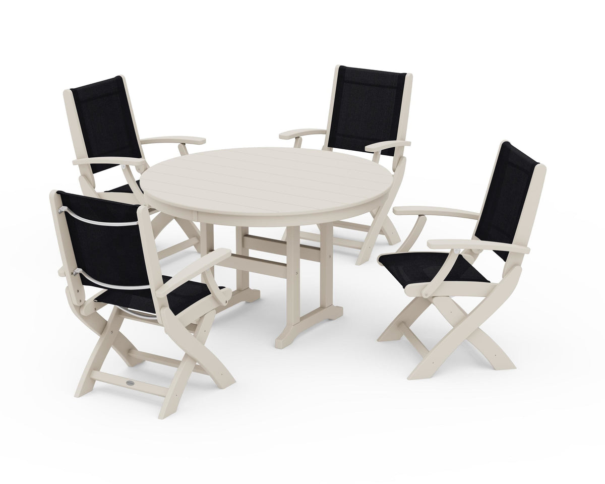 POLYWOOD Coastal Folding Chair 5-Piece Round Dining Set in Sand / Black