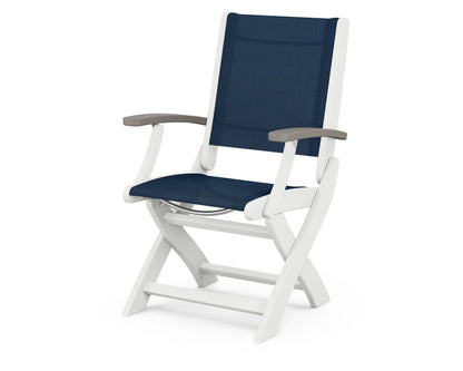 POLYWOOD Coastal Folding Chair in White with Driftwood arms and Navy Blue sling