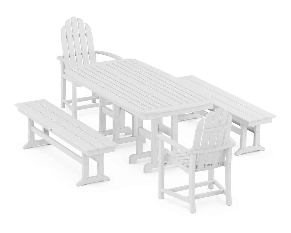 POLYWOOD Classic Adirondack 5-Piece Dining Set with Benches - 37" x 72" Table in White